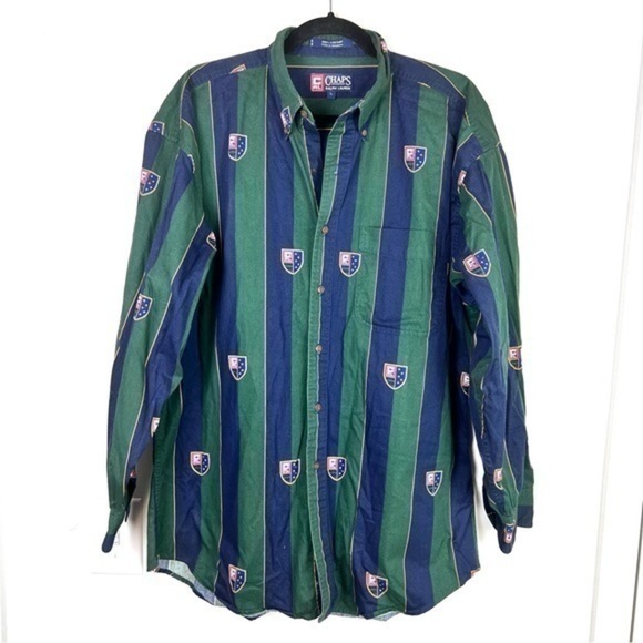 Ralph Lauren Chaps Button Up Shirt Mens L Blue Green Stripe Pocket Long Sleeve - Picture 1 of 9